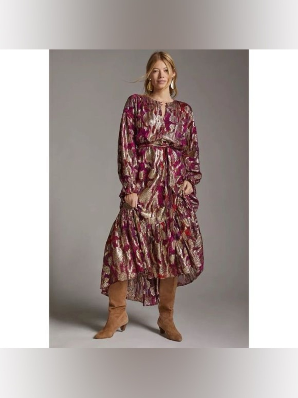 Anthropologie Metallic Magenta and Gold High-Low Maxi Dress